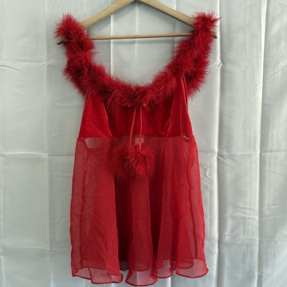 Red Sheer Babydoll Sexy Lingerie Fluffy Furry Sexy Large Short